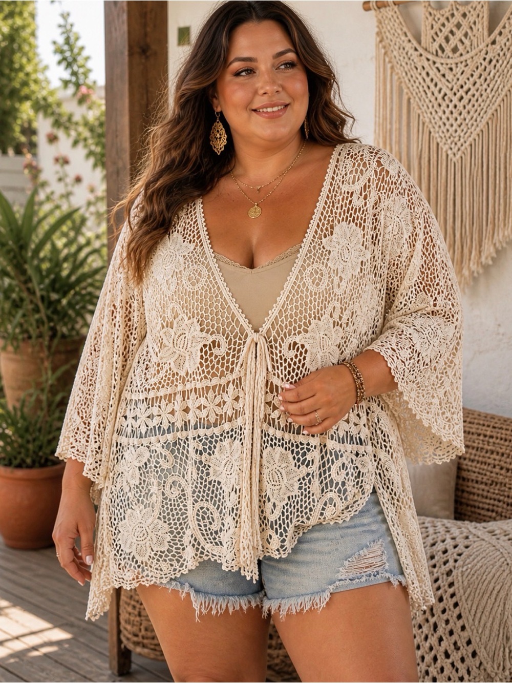 Boho Crochet Cotton Lace Kimono Top 3X Cottagecore Festival Vacation Breathable